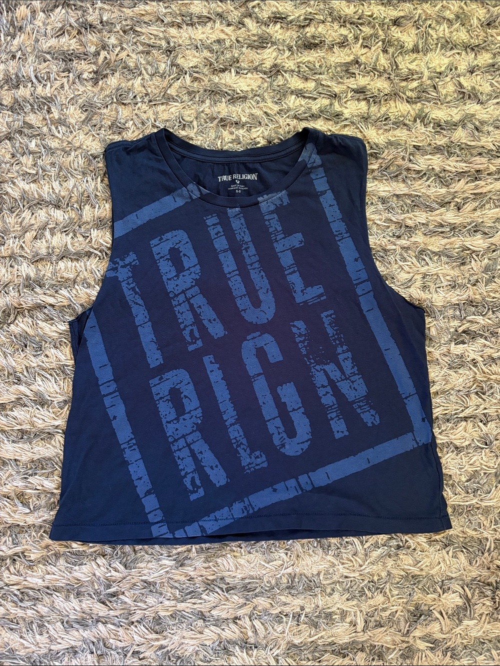 True Religion Navy Logo Graphic Cropped Tank Size S